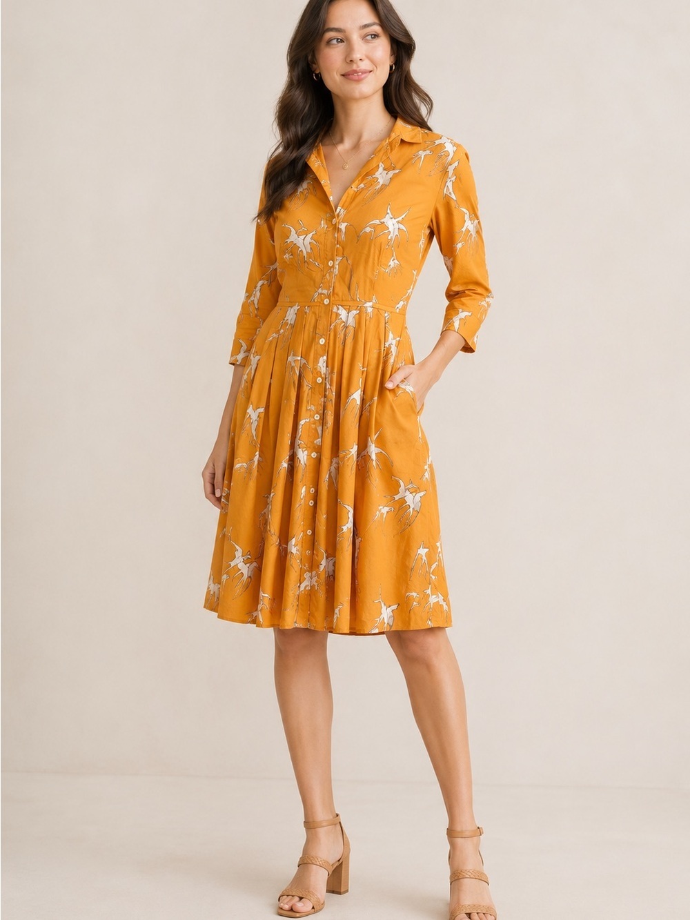 Samantha Sung Audrey Orange Bird Print Midi Pleated Dress 3/4 Sleeves Size 2